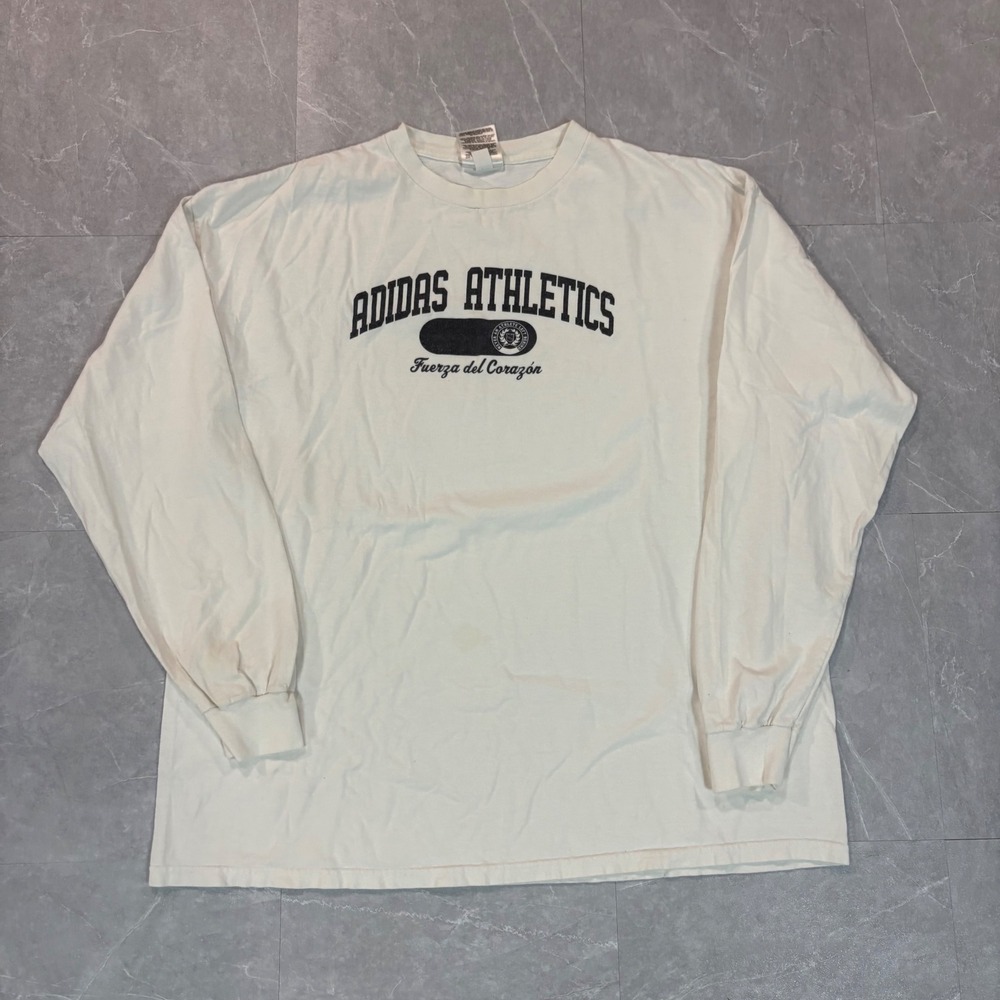 Adidas Athletics Mens XL Long Sleeve T-Shirt Cream Fuerza del Corazon Graphic